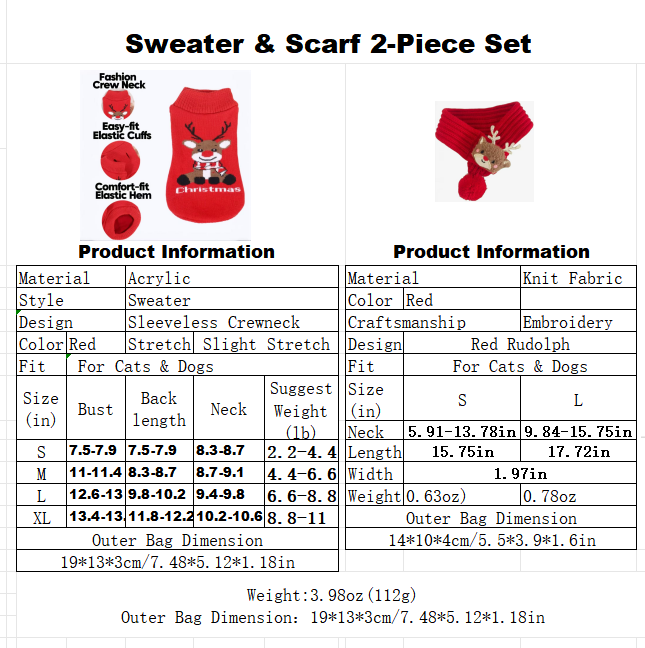 2025 Limited Edition Red-Nose Reindeer Pet Holiday Sweater & Scarf 2-Piece Set – Cozy,  Lightweight & Fur-Resistant Christmas Outfit for Dogs & Cats