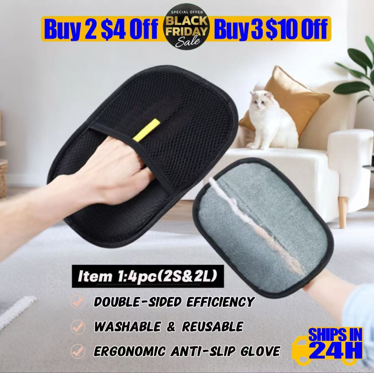 7-Piece Pet Hair Removal Kit:  2x Small + 2x Large Static Hair Gloves + 5-in-1  Extendable Static Brush + 5-in-1 Spray Massage Grooming  Comb + Blue Light Spray Grooming Pin Brush — Home De-Shedding Set