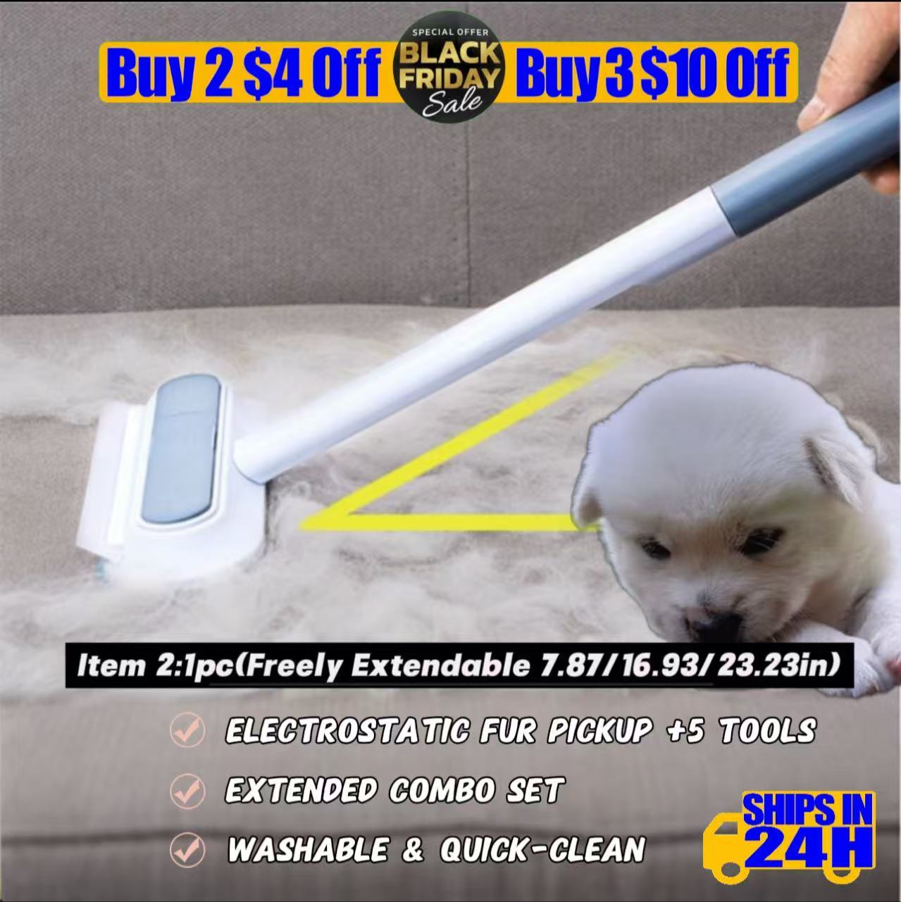 7-Piece Pet Hair Removal Kit:  2x Small + 2x Large Static Hair Gloves + 5-in-1  Extendable Static Brush + 5-in-1 Spray Massage Grooming  Comb + Blue Light Spray Grooming Pin Brush — Home De-Shedding Set