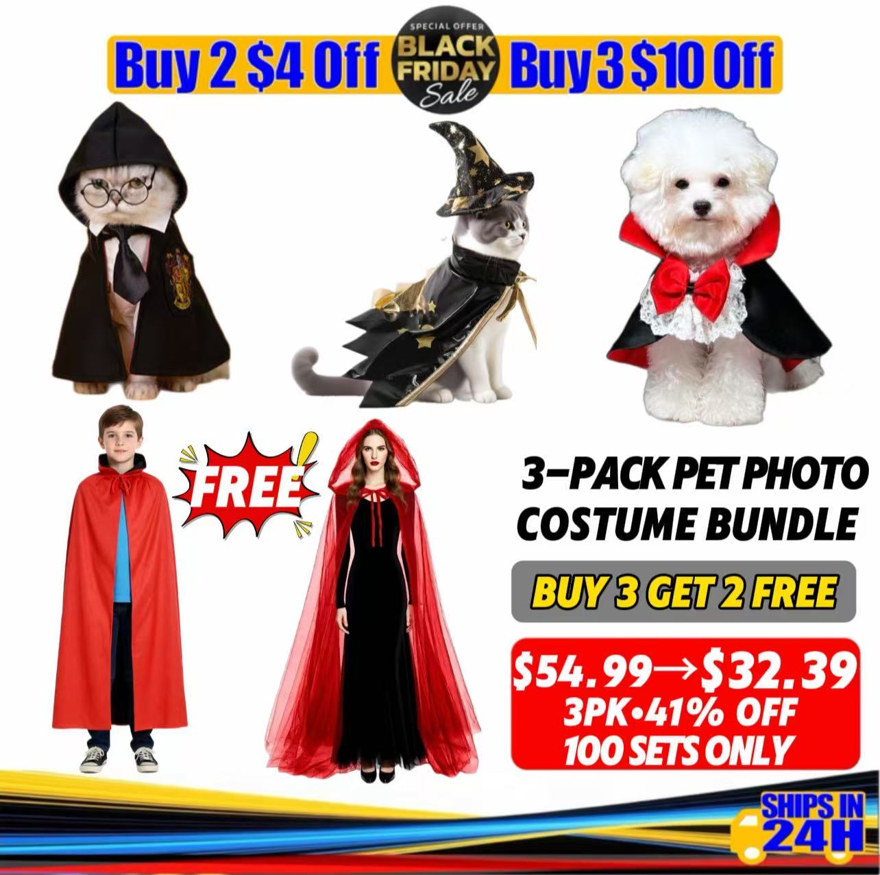 Black Friday Deal: Deluxe 3-Costume Pet Photo Set  — Wizard Cape+Hat, Shadow Cloak+Tie, Vampire Earl Cape+Tie  | Extra Owner Bonus: Free Reversible Red-Black Cape + 3-Layer Hooded Mesh Cape (Limited)