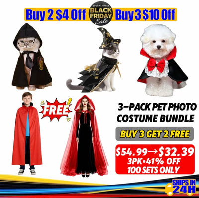 Black Friday Deal: Deluxe 3-Costume Pet Photo Set  — Wizard Cape+Hat, Shadow Cloak+Tie, Vampire Earl Cape+Tie  | Extra Owner Bonus: Free Reversible Red-Black Cape + 3-Layer Hooded Mesh Cape (Limited)