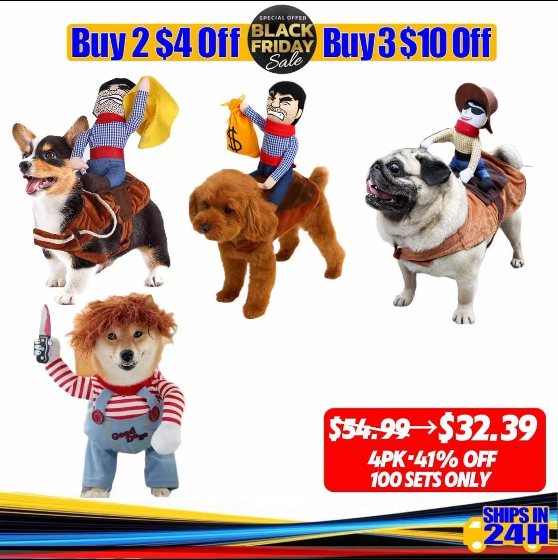 4-Pack Pet Costume Set for Multi-Pet Homes – Matador,  Money-Heist Cowboy, Western Cowboy & Killer Costume  | Black Friday Deal | Photo-Ready Dress-Up for Dogs & Cats