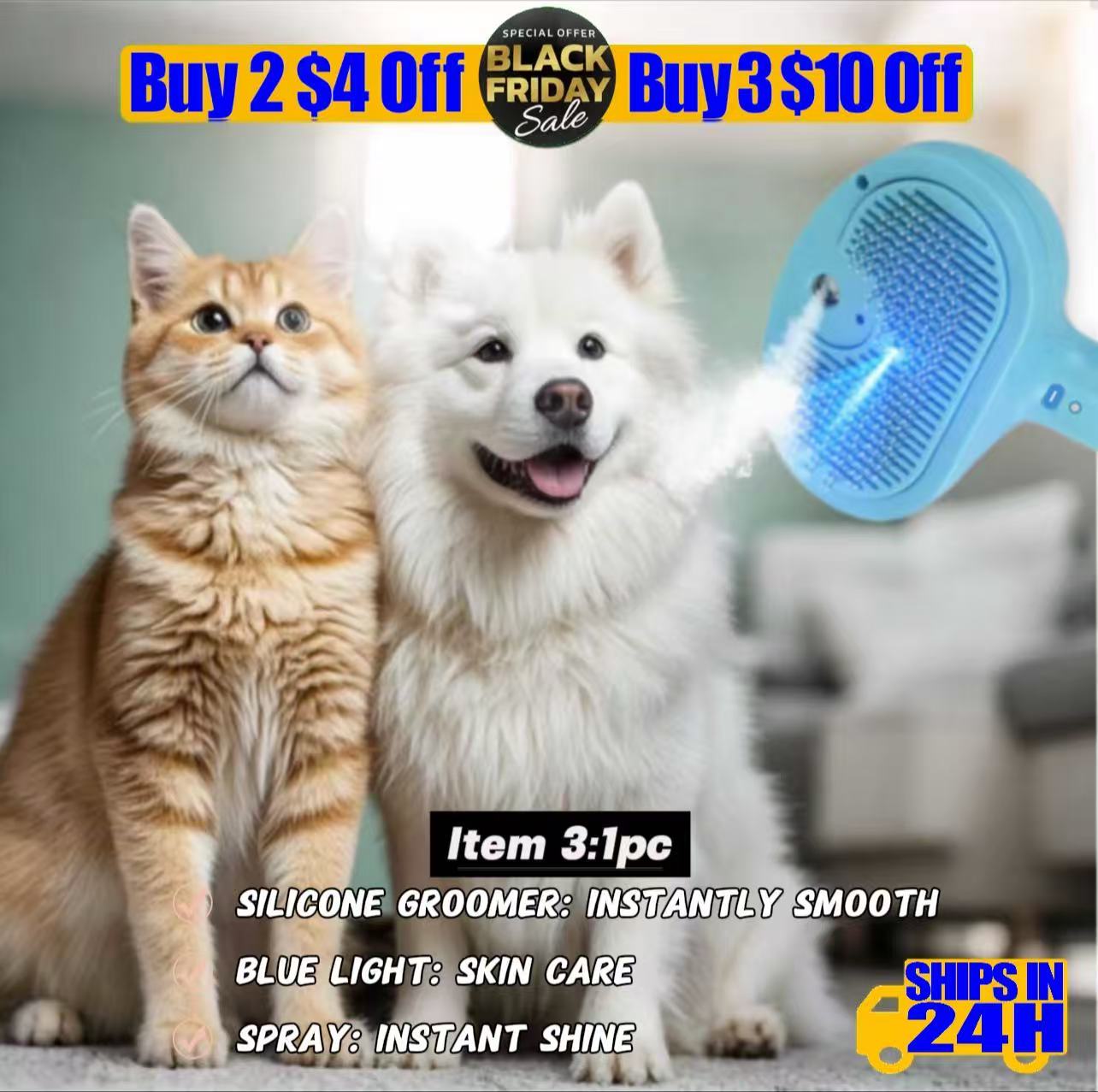 7-Piece Pet Hair Removal Kit:  2x Small + 2x Large Static Hair Gloves + 5-in-1  Extendable Static Brush + 5-in-1 Spray Massage Grooming  Comb + Blue Light Spray Grooming Pin Brush — Home De-Shedding Set