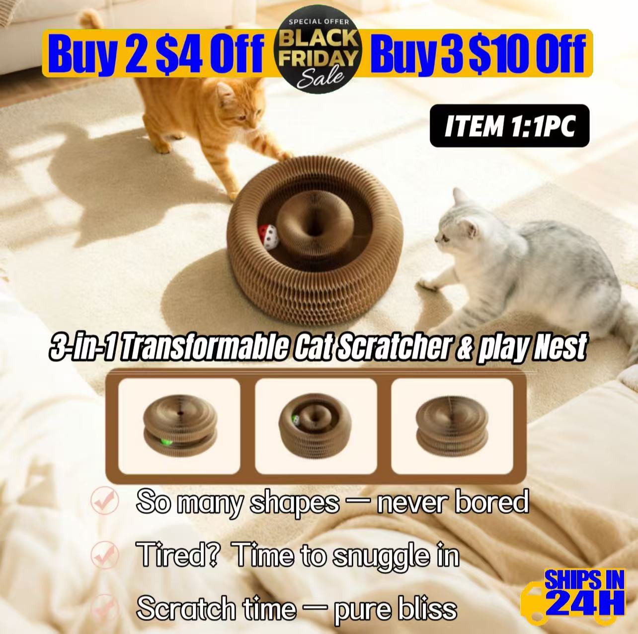 Cat Happy Companion 3‑Piece Set – 3‑in‑1 Convertible Scratching  Nest + Smart Flapping Bird Chirp Toy + Natural Plant Dental  Chew Sticks, Black Friday Bundle for Cats