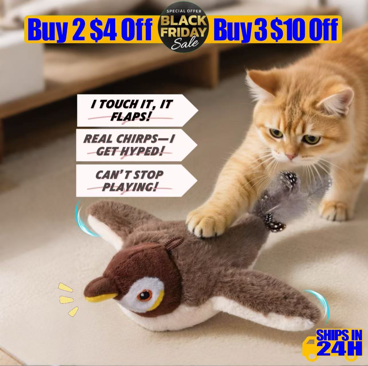 A multi-sensory indoor hunting kit for apartment cats — sound + motion + feather-vibe stimulation,  space-saving and built to last