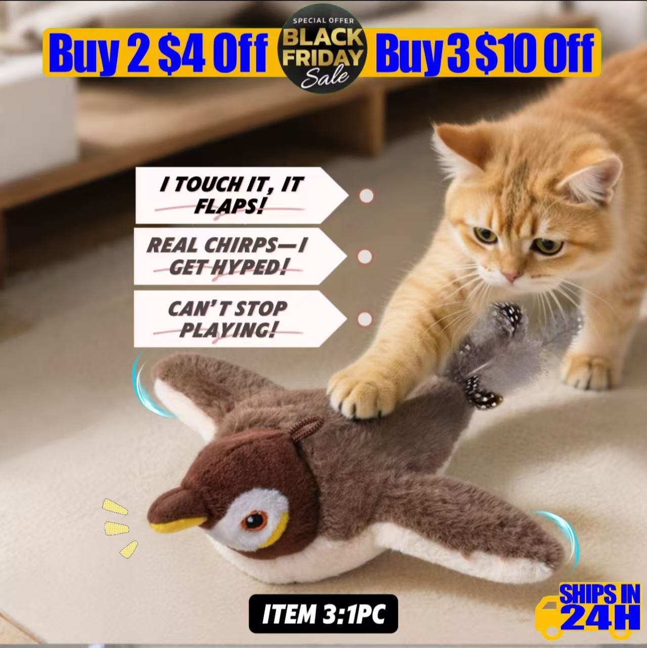 Cat Happy Companion 3‑Piece Set – 3‑in‑1 Convertible Scratching  Nest + Smart Flapping Bird Chirp Toy + Natural Plant Dental  Chew Sticks, Black Friday Bundle for Cats