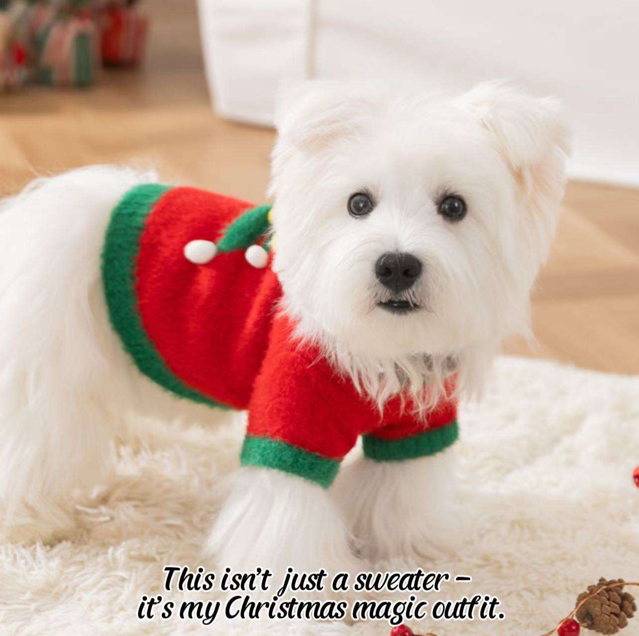 Christmas Pet Sweater for Dogs & Cats — Cozy Faux Fur Knit Holiday Outfit with Pom Pom (XS–XL)