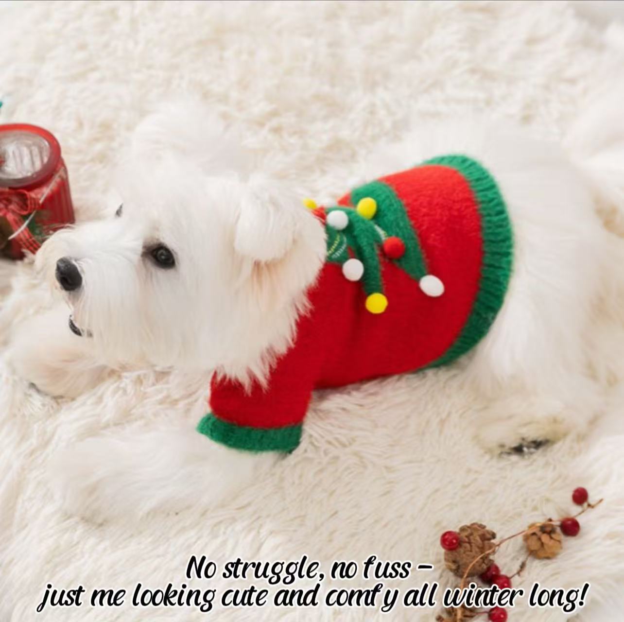 Christmas Pet Sweater for Dogs & Cats — Cozy Faux Fur Knit Holiday Outfit with Pom Pom (XS–XL)