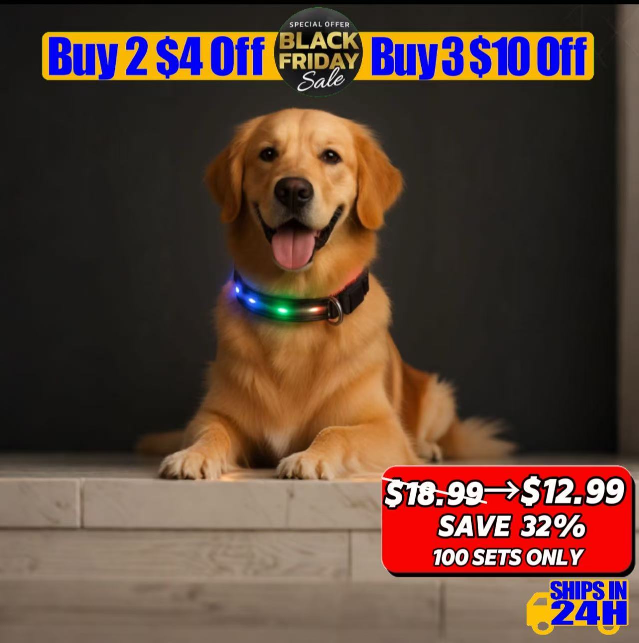 10-Mode RGB LED Dog Collar (0.984in) – USB Rechargeable IPX7 Waterproof, Up to 100m Visibility Quick-Release Buckle & Rust-Resist D-Ring