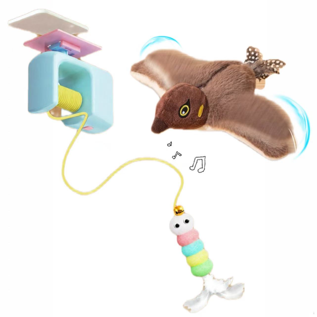 A multi-sensory indoor hunting kit for apartment cats — sound + motion + feather-vibe stimulation,  space-saving and built to last