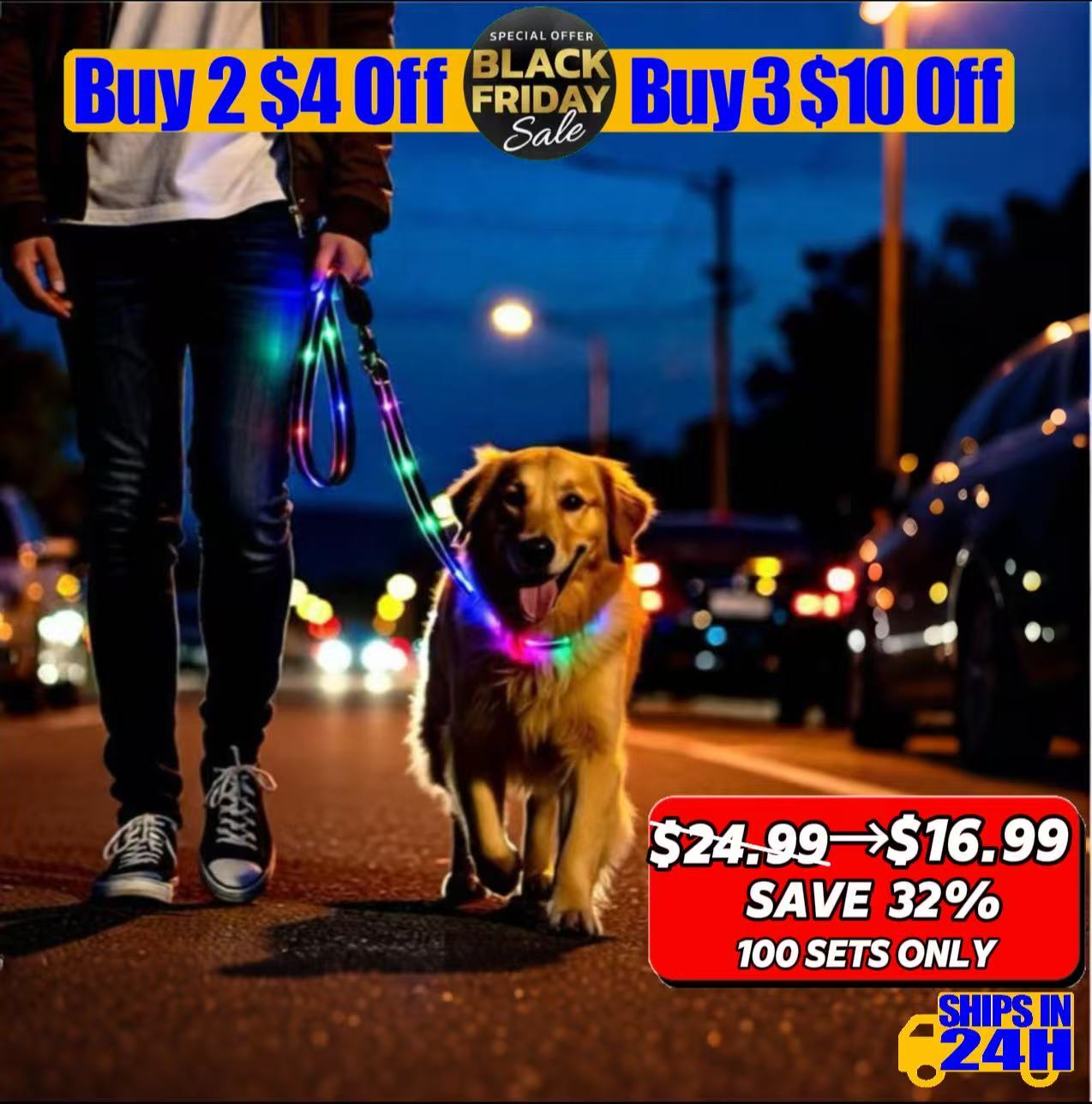 10-Mode RGB Rechargeable Dog Leash (25mm) — Full-Strip Glow USB 1-Hr Fast Charge, IPX7 Waterproof, Visible 100m+  Quick-Release & Rust-Resist Hardware