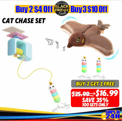 A multi-sensory indoor hunting kit for apartment cats — sound + motion + feather-vibe stimulation,  space-saving and built to last