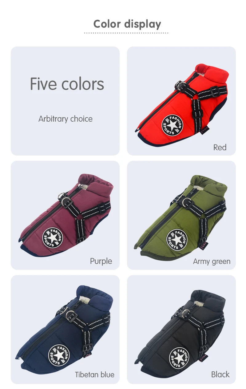 Winter Warm Large Pet Dog Jacket with Harness Waterproof