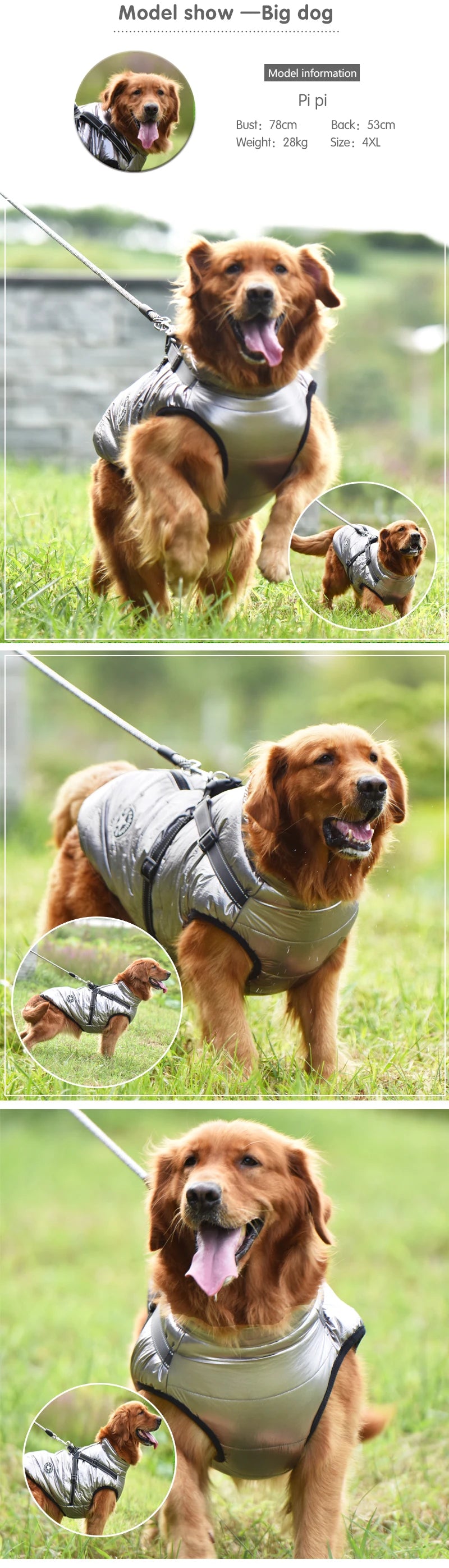 Winter Warm Large Pet Dog Jacket with Harness Waterproof