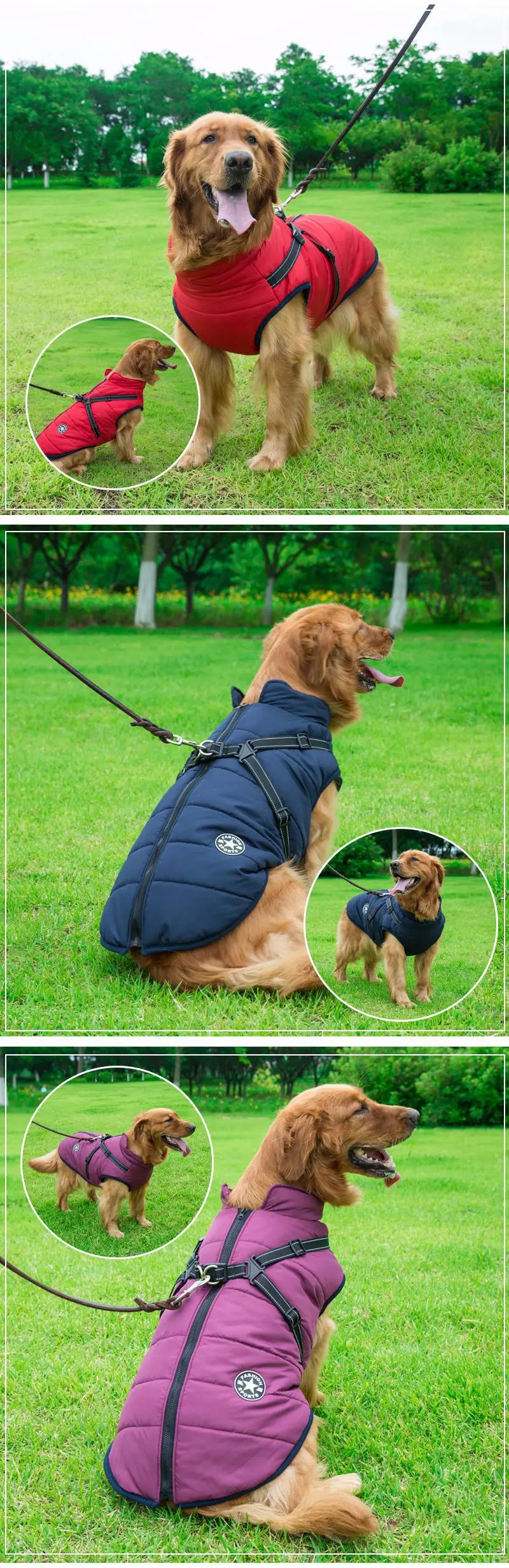 Winter Warm Large Pet Dog Jacket with Harness Waterproof