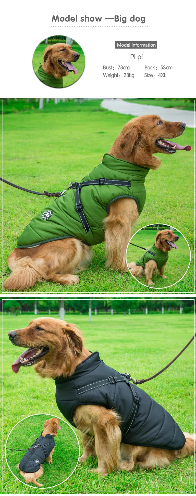 Winter Warm Large Pet Dog Jacket with Harness Waterproof