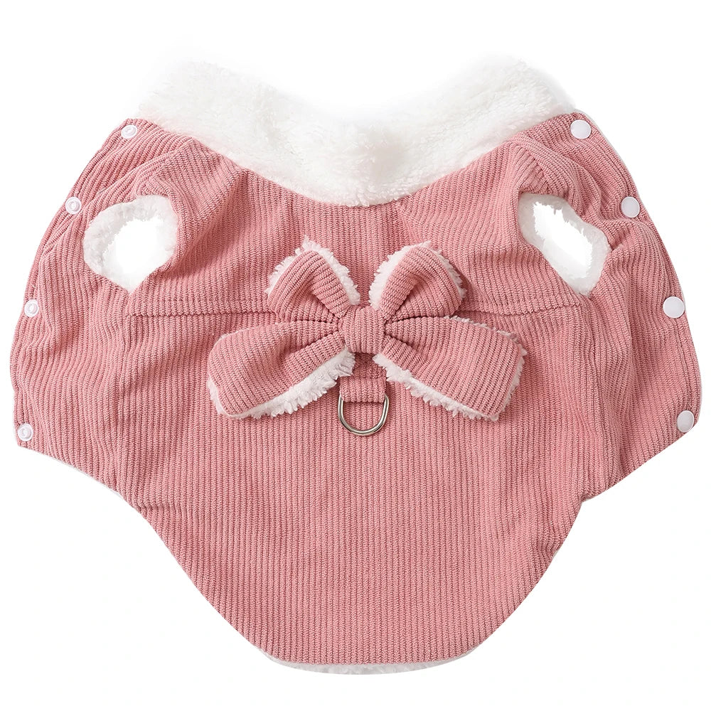 Warm Pet Bow Coat Winter Thicken Fleece Button Clothes For Small Dogs Cats Apparel With D-ring Puppy Yorkshire Chihuahua Outfits