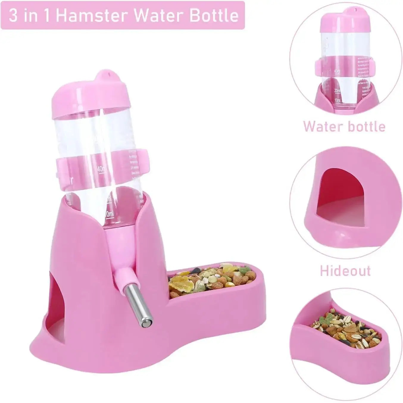 3 in 1 Hamster Hanging Water Bottle 80ml Pet Auto Dispenser with Base for Dwarf Hamster Mouse Rat Hedgehog