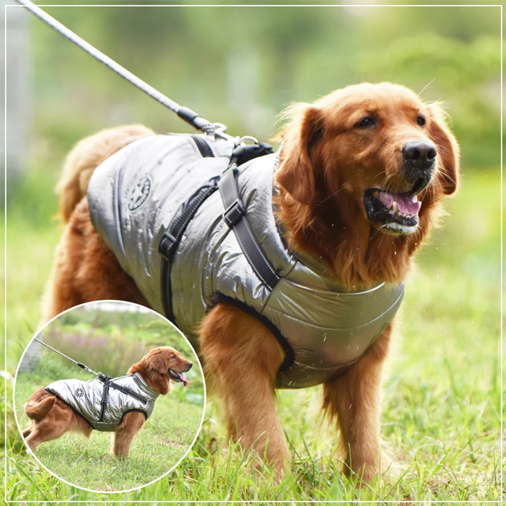 Winter Warm Large Pet Dog Jacket with Harness Waterproof