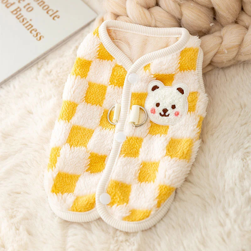 Winter Cat Dog Clothes with Buckle Sweet Bear Print Pet Plush Sweater for Small Dogs Pomeranian Chihuahua Puppy Button Jacket