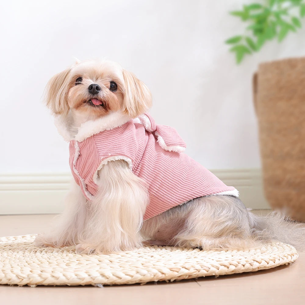 Warm Pet Bow Coat Winter Thicken Fleece Button Clothes For Small Dogs Cats Apparel With D-ring Puppy Yorkshire Chihuahua Outfits