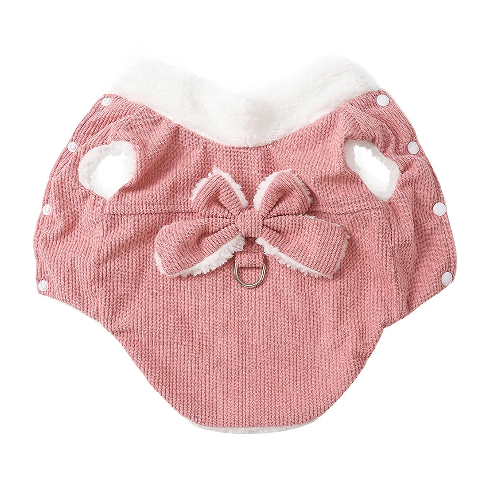Warm Pet Bow Coat Winter Thicken Fleece Button Clothes For Small Dogs Cats Apparel With D-ring Puppy Yorkshire Chihuahua Outfits