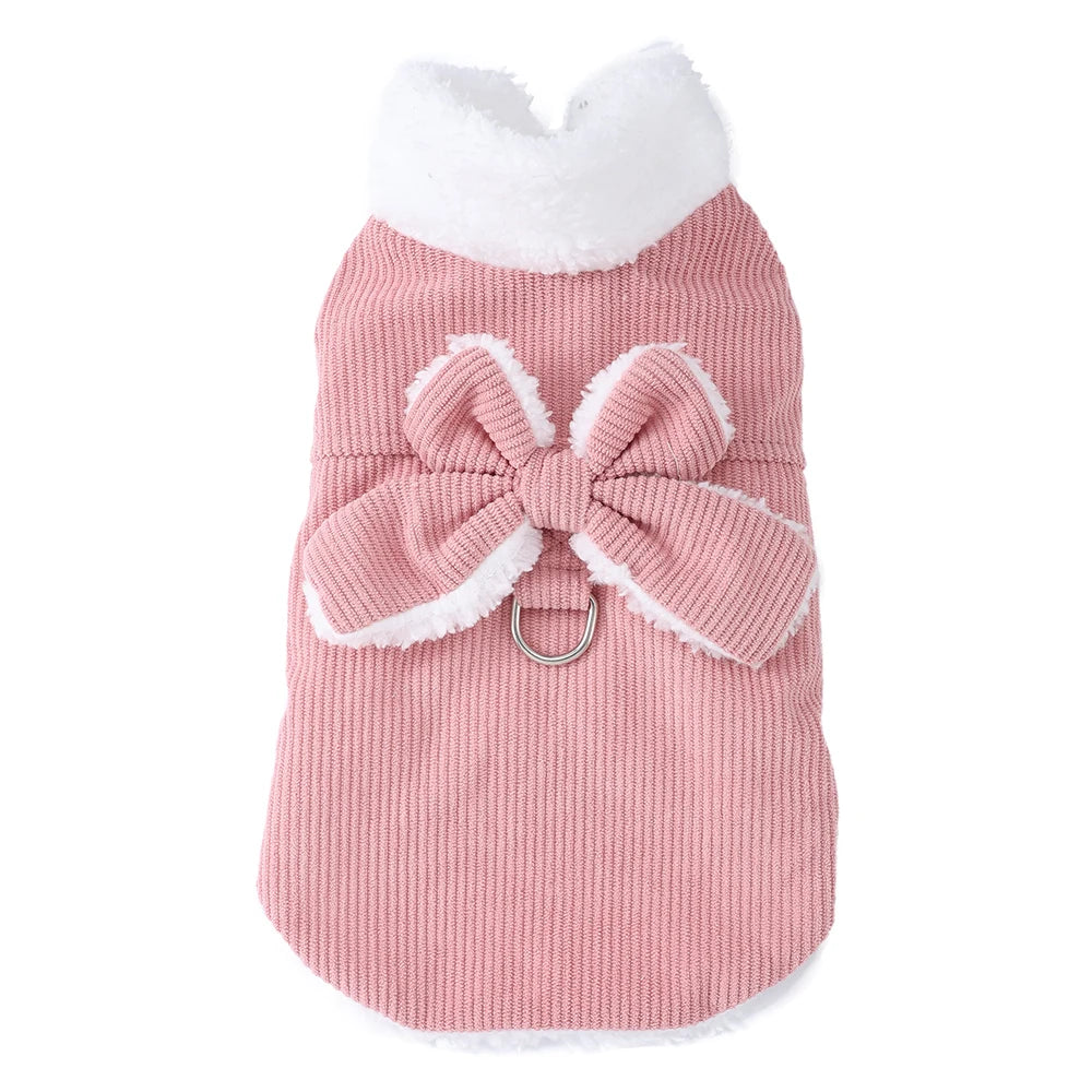 Warm Pet Bow Coat Winter Thicken Fleece Button Clothes For Small Dogs Cats Apparel With D-ring Puppy Yorkshire Chihuahua Outfits