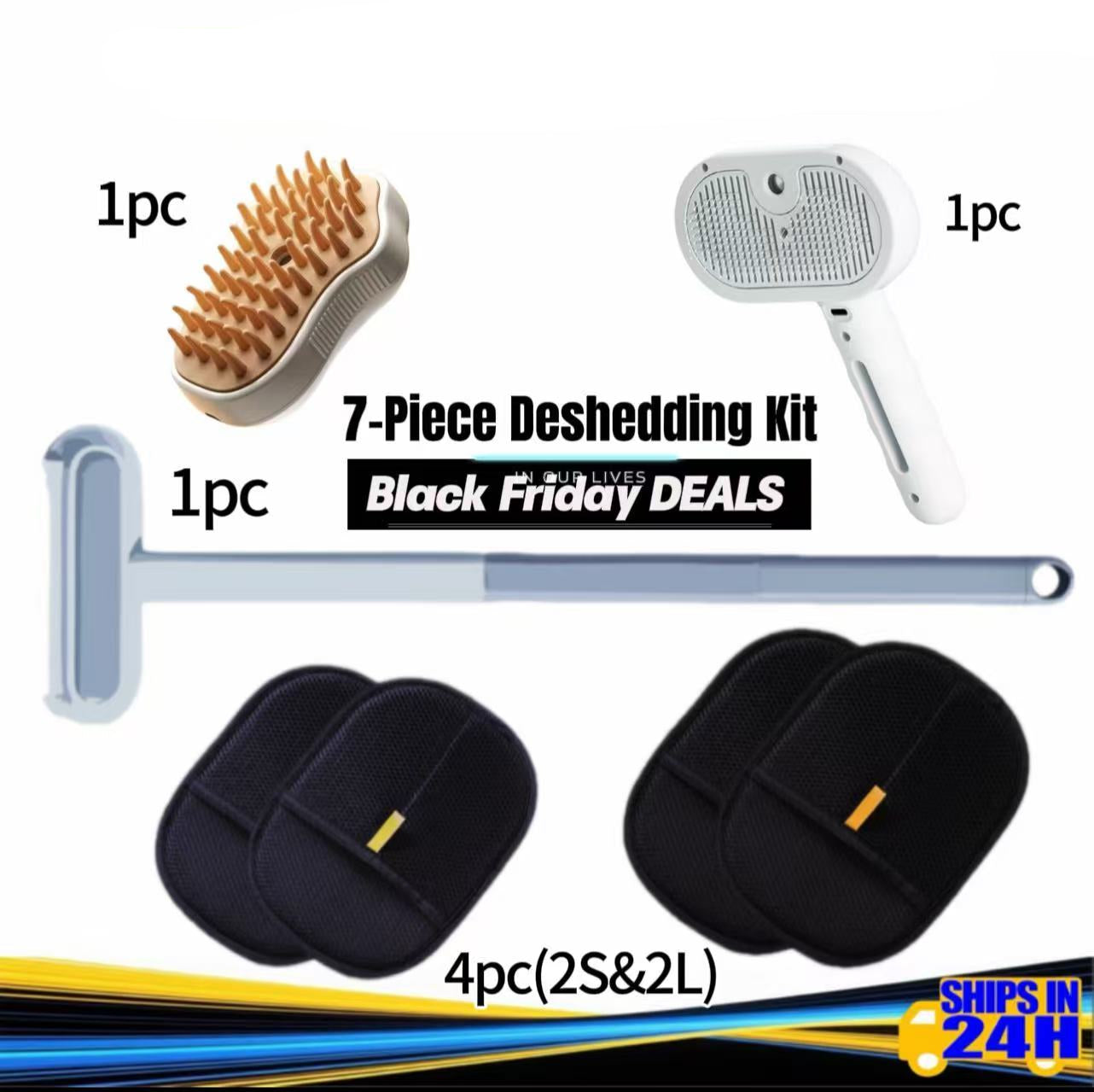 7-Piece Pet Hair Removal Kit:  2x Small + 2x Large Static Hair Gloves + 5-in-1  Extendable Static Brush + 5-in-1 Spray Massage Grooming  Comb + Blue Light Spray Grooming Pin Brush — Home De-Shedding Set