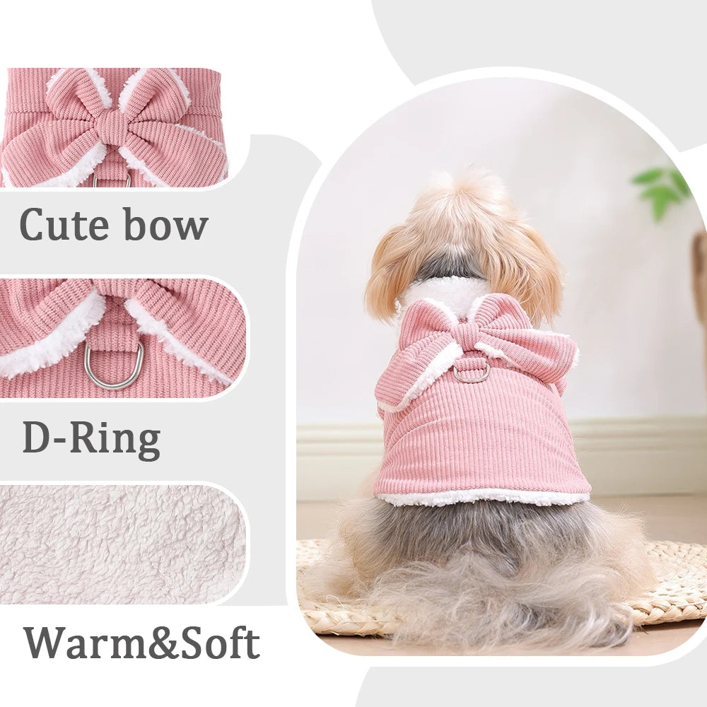 Warm Pet Bow Coat Winter Thicken Fleece Button Clothes For Small Dogs Cats Apparel With D-ring Puppy Yorkshire Chihuahua Outfits