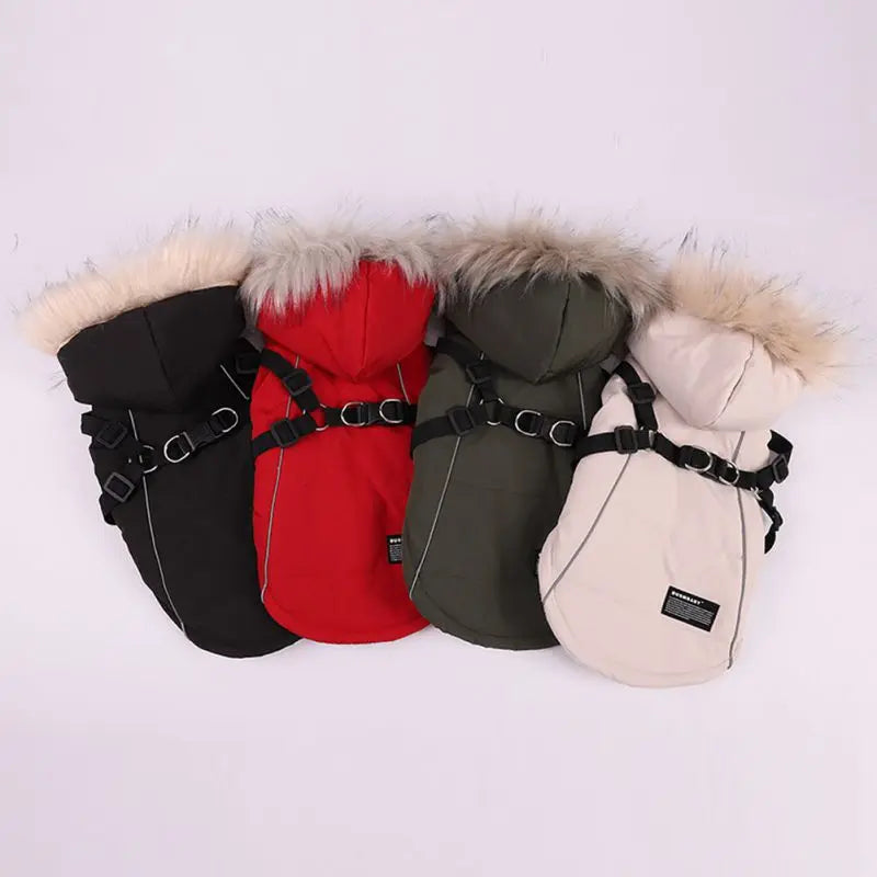Autumn Winter Warm Pet Dog Jacket With Harness Hooded Dog Padded Coat with Imitation Fur Hat For Small Medium Dogs Puppy Coat