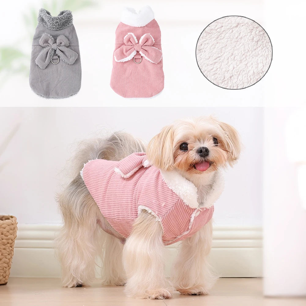 Warm Pet Bow Coat Winter Thicken Fleece Button Clothes For Small Dogs Cats Apparel With D-ring Puppy Yorkshire Chihuahua Outfits