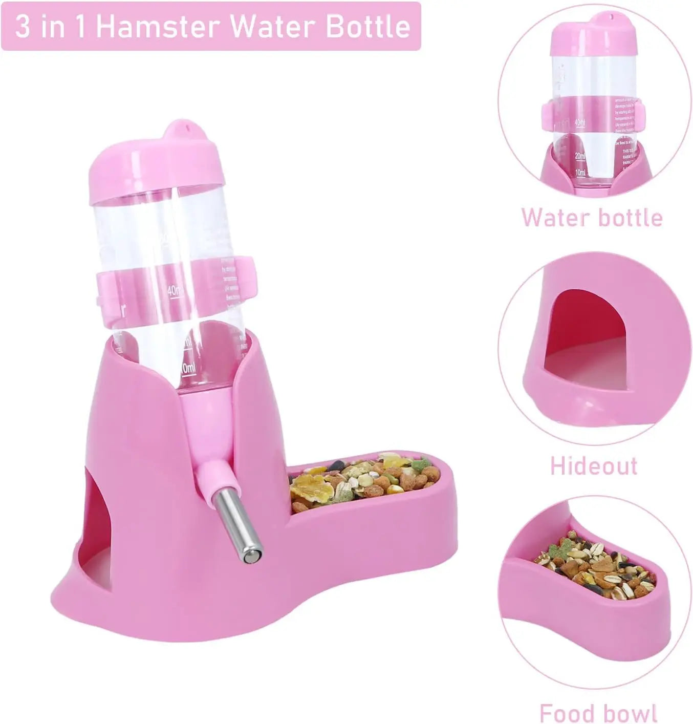 3 in 1 Hamster Hanging Water Bottle 80ml Pet Auto Dispenser with Base for Dwarf Hamster Mouse Rat Hedgehog