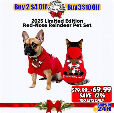 2025 Limited Edition Red-Nose Reindeer Pet Holiday Sweater & Scarf 2-Piece Set – Cozy,  Lightweight & Fur-Resistant Christmas Outfit for Dogs & Cats