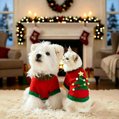 Christmas Pet Sweater for Dogs & Cats — Cozy Faux Fur Knit Holiday Outfit with Pom Pom (XS–XL)